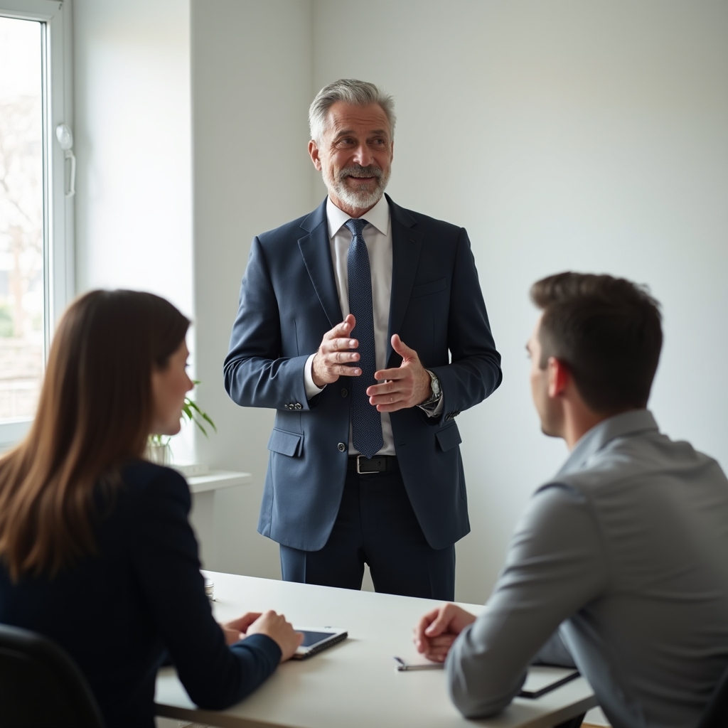 Manager care conduce o ședință cu prezență autentică și atenție la echipă