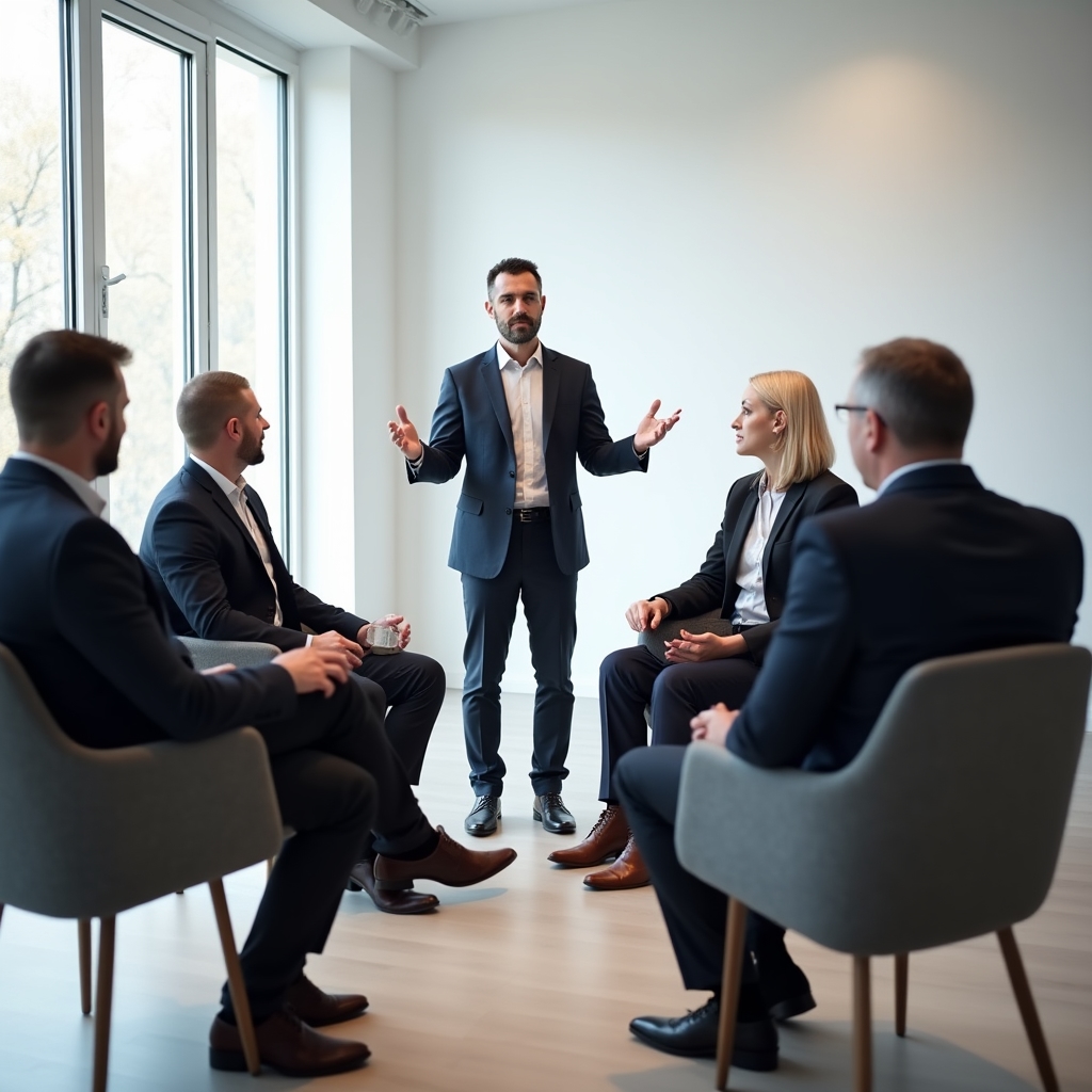 Grup de manageri în sesiune de formare în leadership autentic