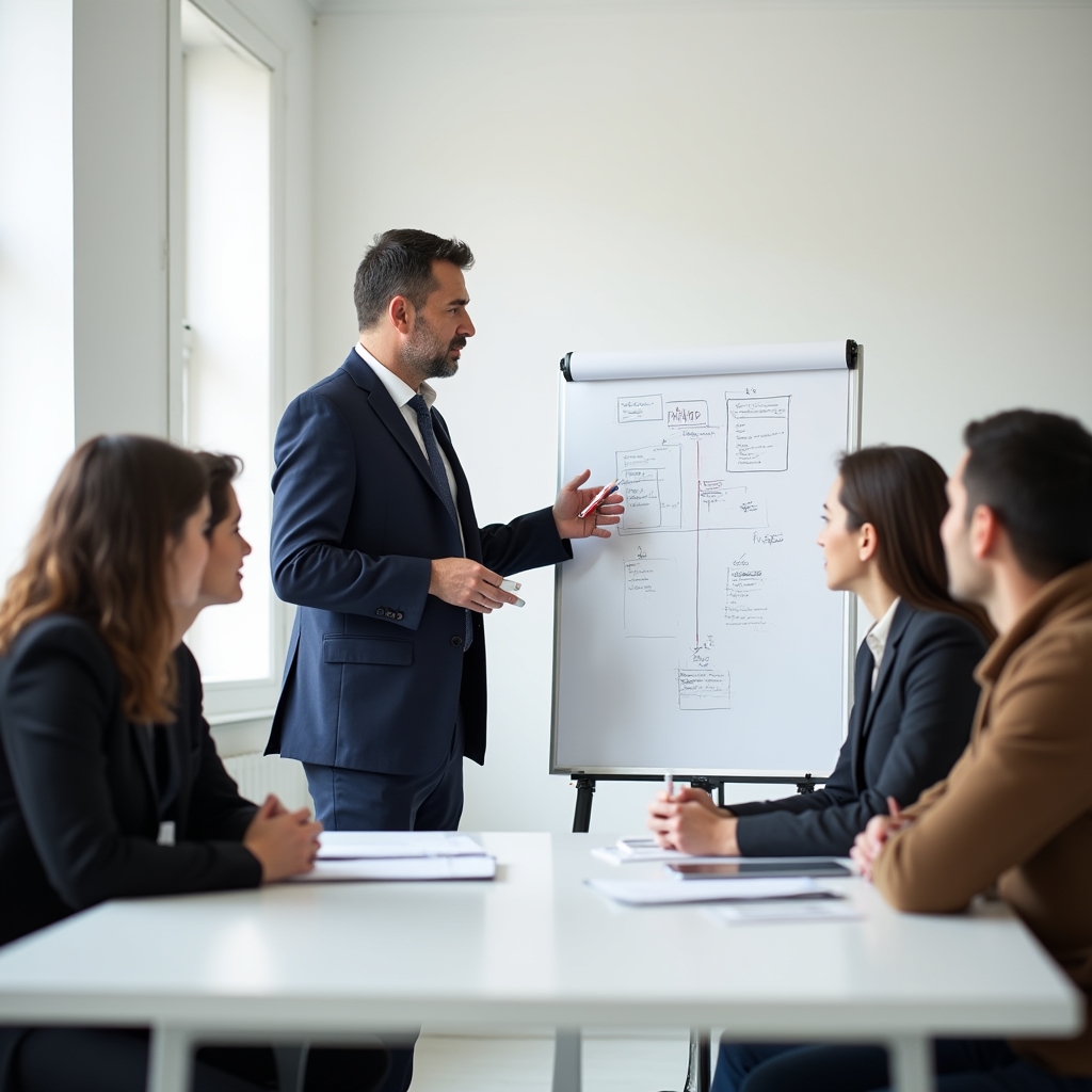 Manager facilitând o ședință de echipă cu claritate și prezență după formare