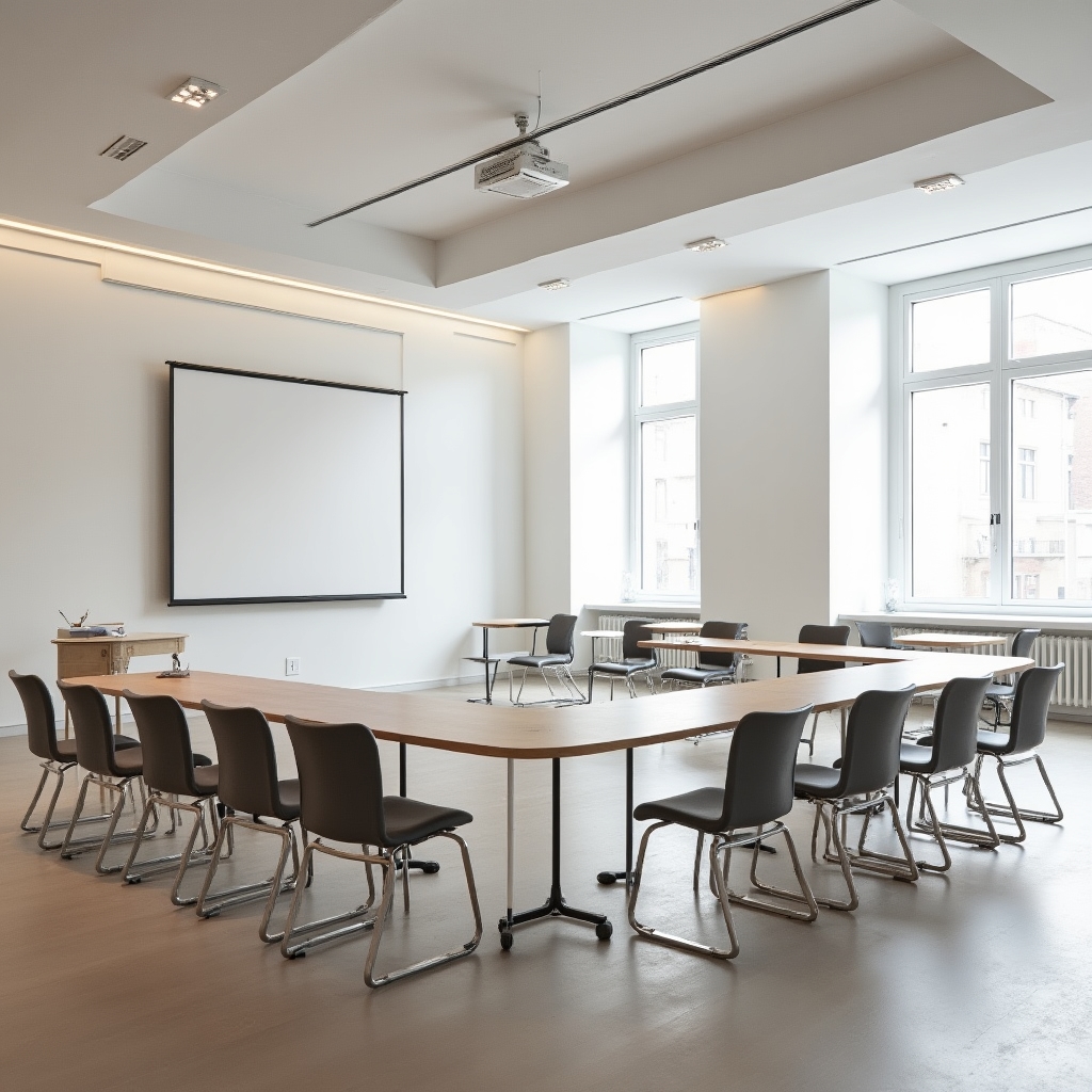 Sală de training modernă pregătită pentru sesiunea de formare în leadership