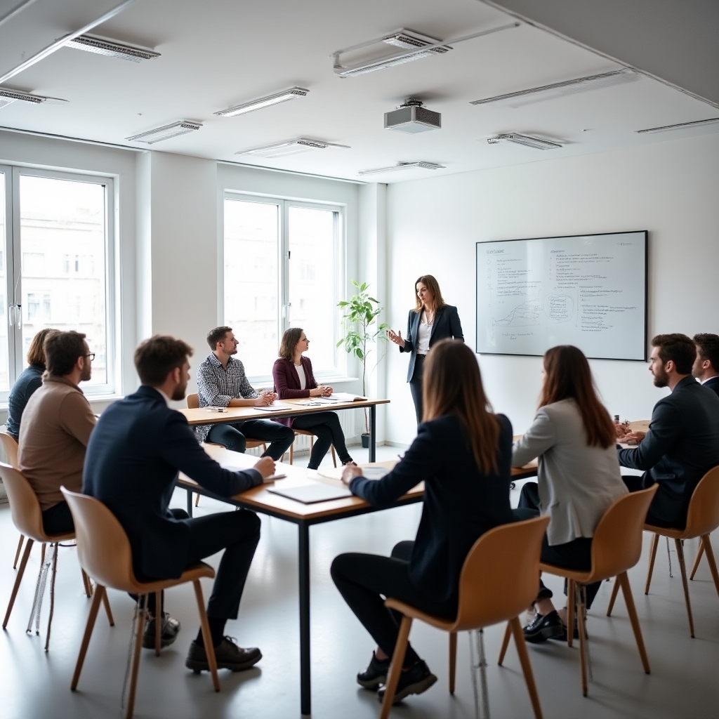 Participanți la sesiune de training de weekend în sală modernă